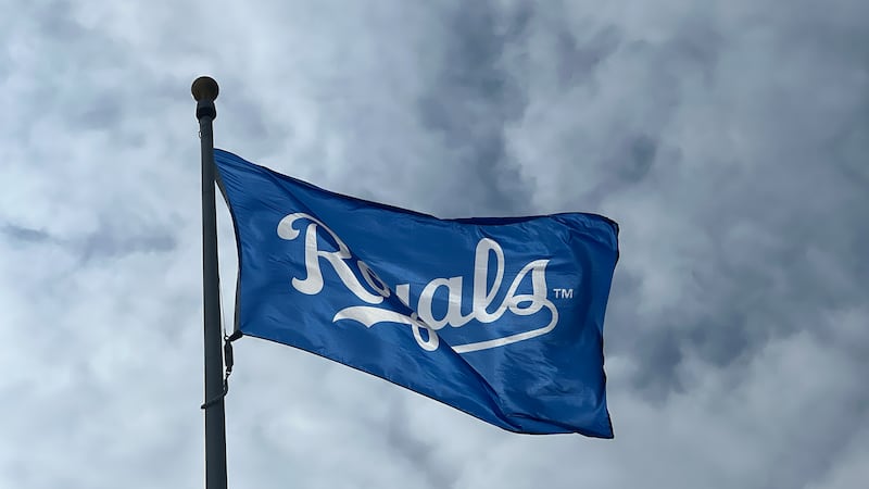 A Royals flag waves at Kauffman Stadium on March 27, 2025.