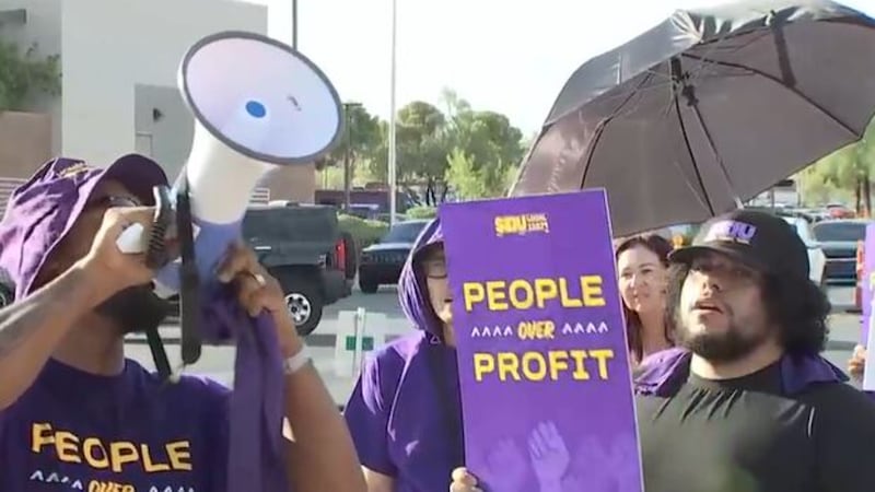 Healthcare workers rallied outside Sunrise Hospital in Las Vegas as SEIU 1107 says talks with...