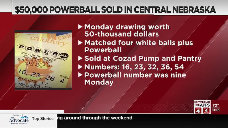 A Powerball ticket sold in central Nebraska for Monday’s drawing is worth $50,000, according...